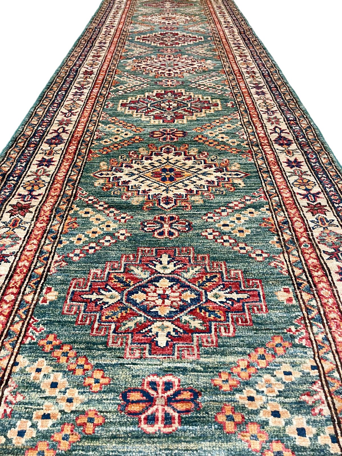 3x10 Green and Ivory Kazak Tribal Runner