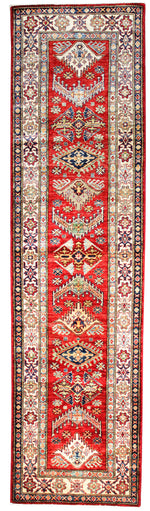 3x10 Red and Ivory Kazak Tribal Runner