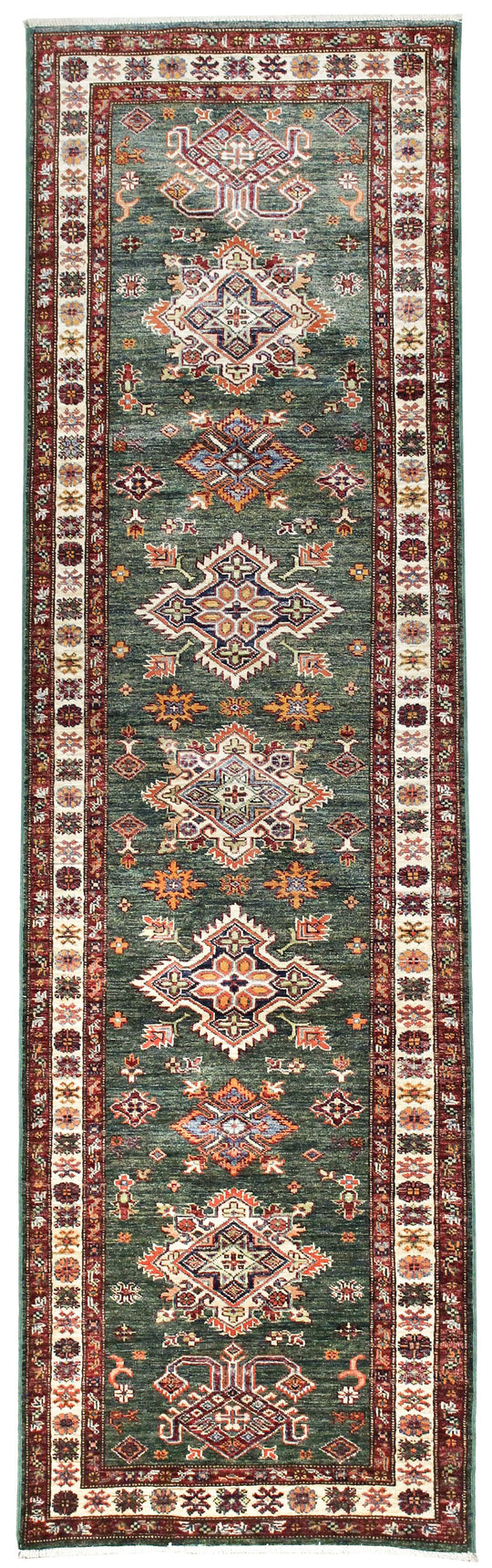 3x10 Green and Ivory Kazak Tribal Runner