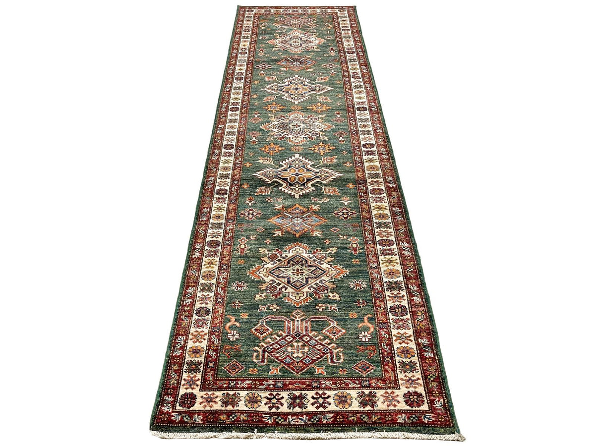 3x10 Green and Ivory Kazak Tribal Runner