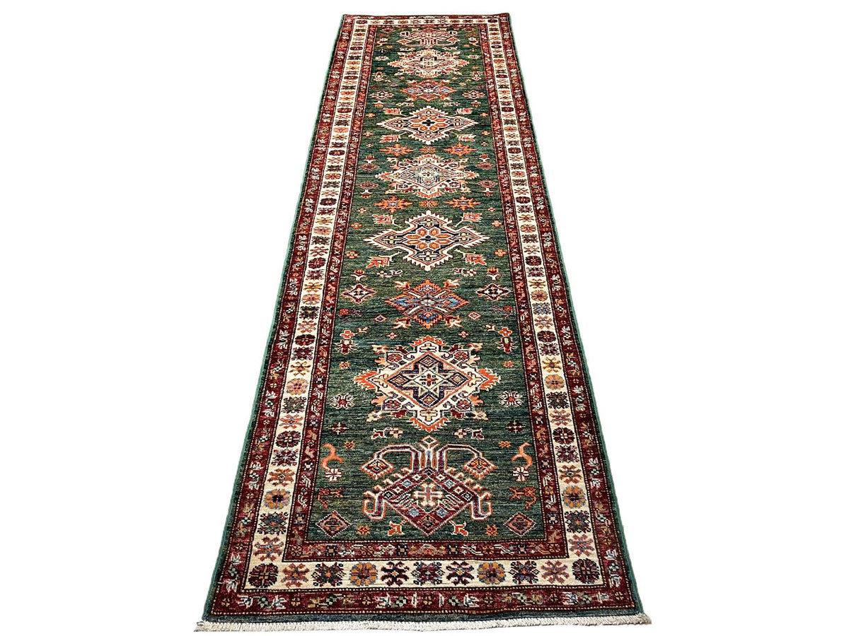 3x10 Green and Ivory Kazak Tribal Runner