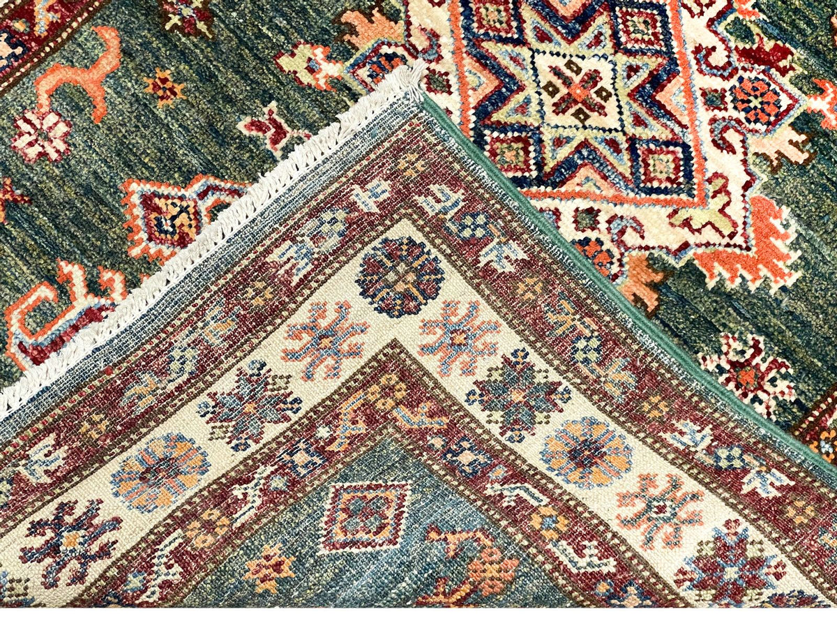 3x10 Green and Ivory Kazak Tribal Runner
