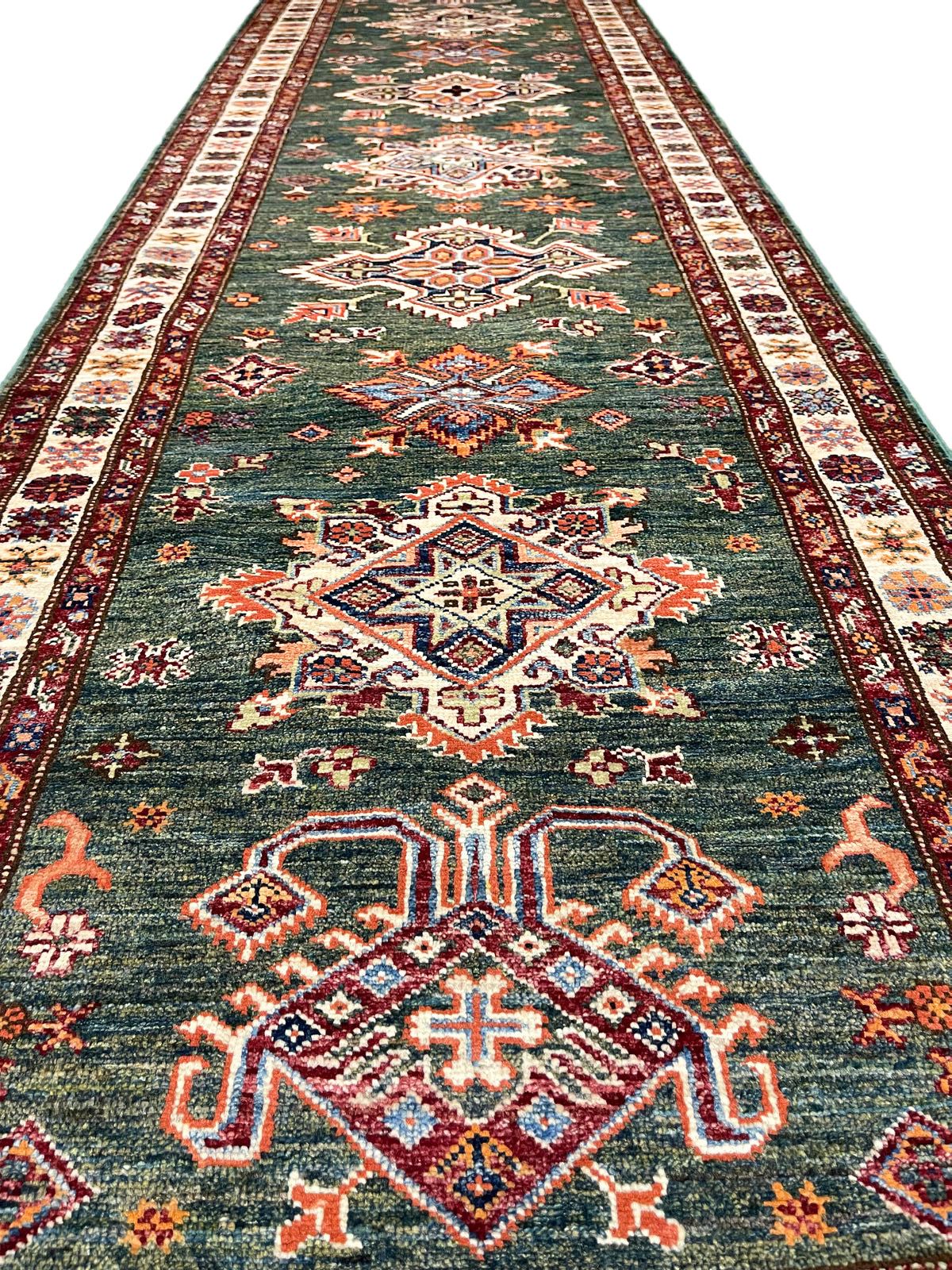 3x10 Green and Ivory Kazak Tribal Runner