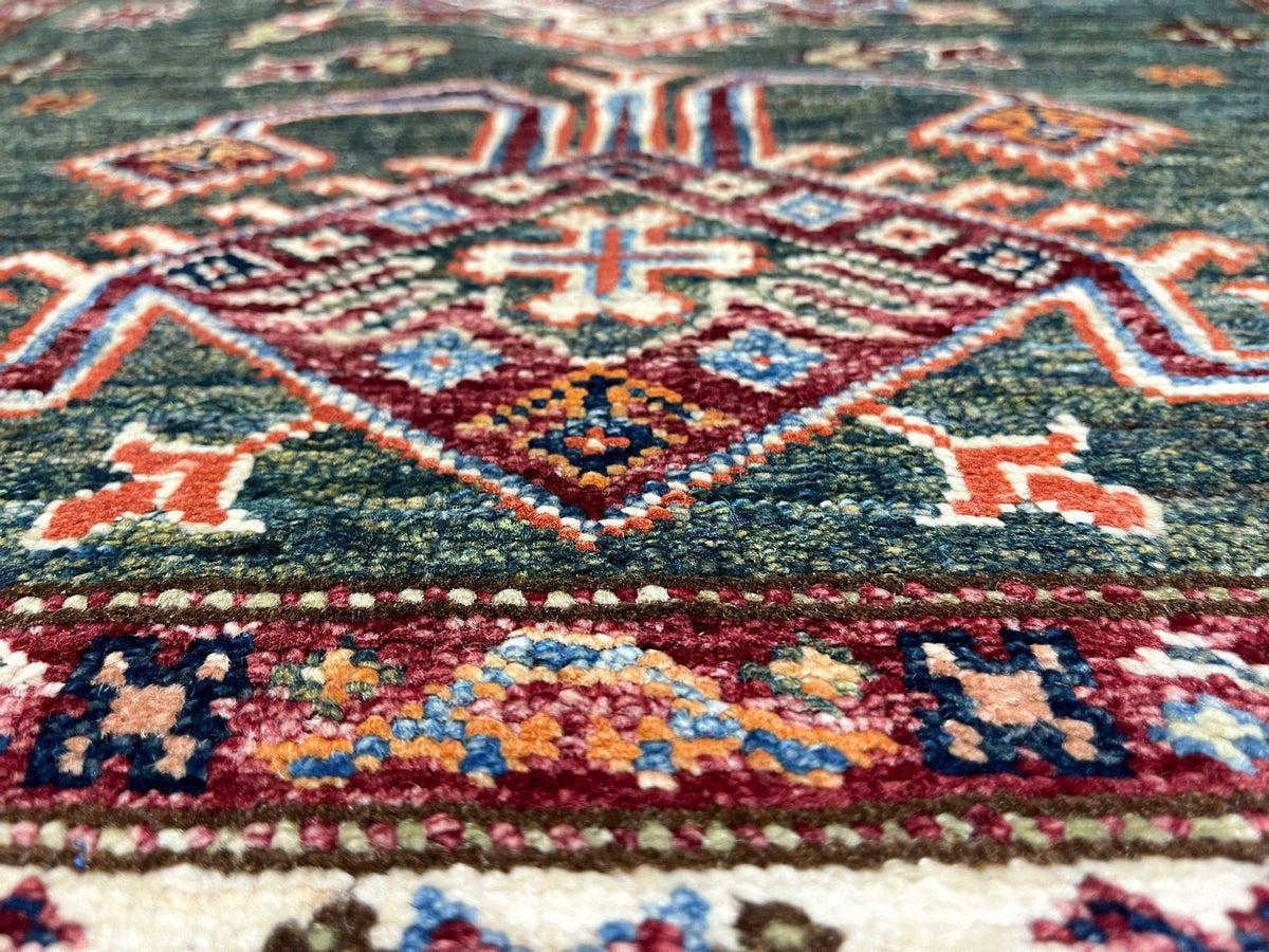 3x10 Green and Ivory Kazak Tribal Runner