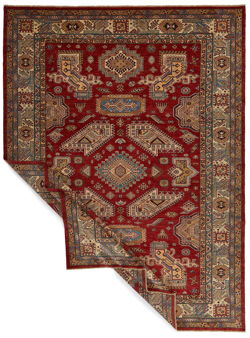 9x12 Red and Ivory Kazak Tribal Rug