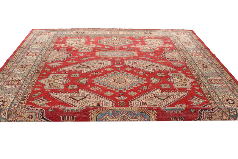 9x12 Red and Ivory Kazak Tribal Rug