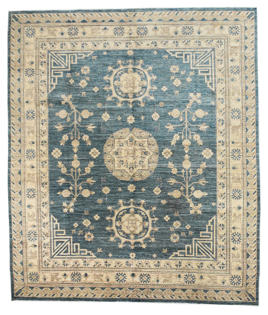 8x10 Blue and Ivory Turkish Tribal Rug