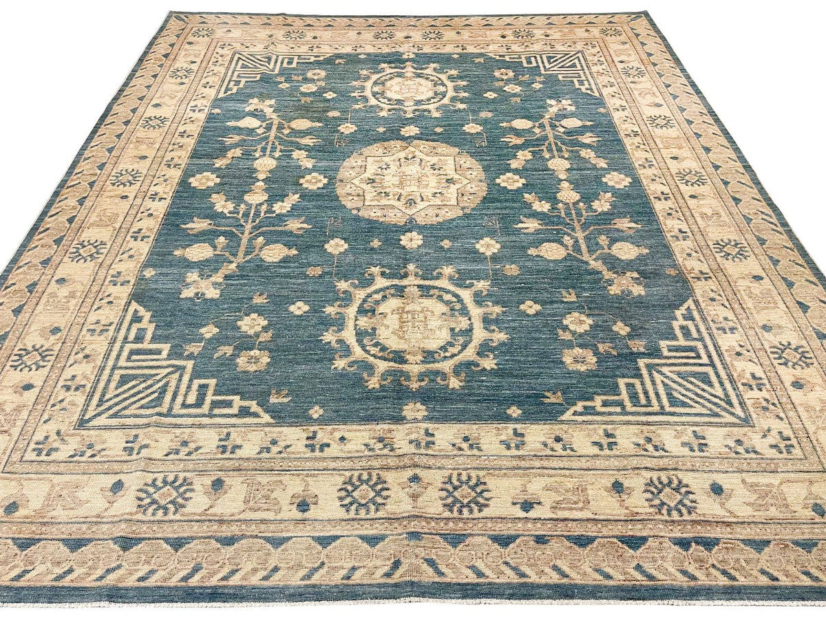 8x10 Blue and Ivory Turkish Tribal Rug
