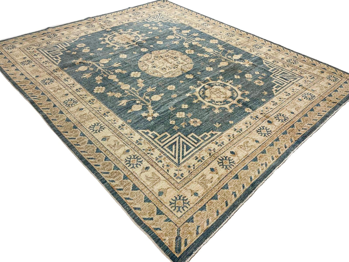 8x10 Blue and Ivory Turkish Tribal Rug