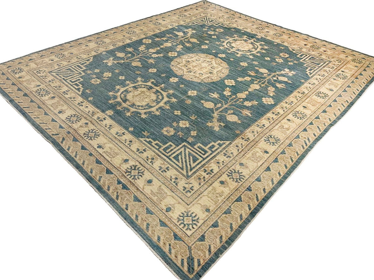 8x10 Blue and Ivory Turkish Tribal Rug