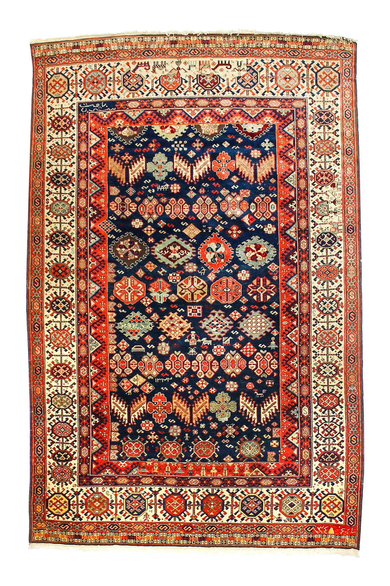 7x10 Navy and Ivory Kazak Tribal Rug