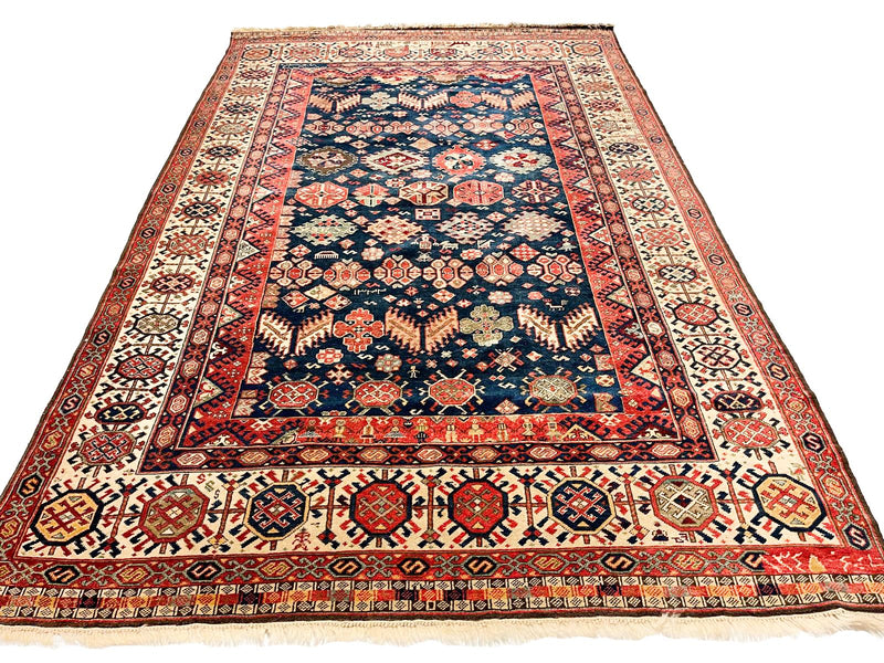 7x10 Navy and Ivory Kazak Tribal Rug