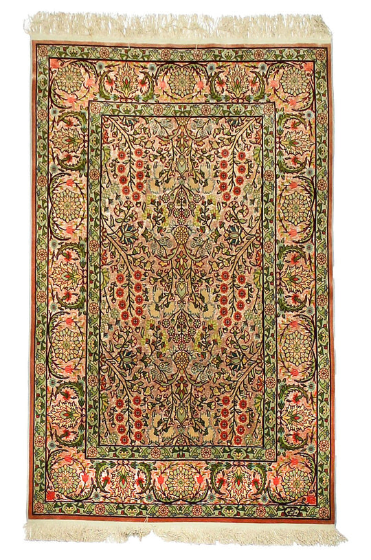 3x5 Ivory and Red Turkish Silk Rug
