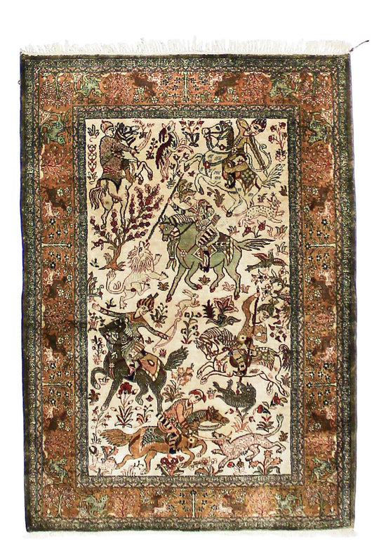 4x5 Ivory and Multicolor Turkish Silk Rug