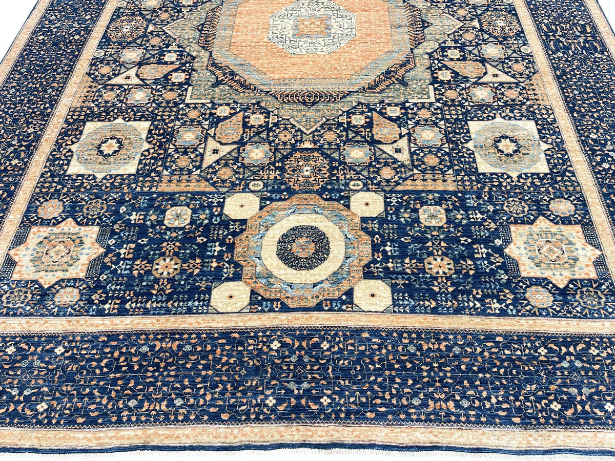 9x12 Navy and Beige Turkish Tribal Rug