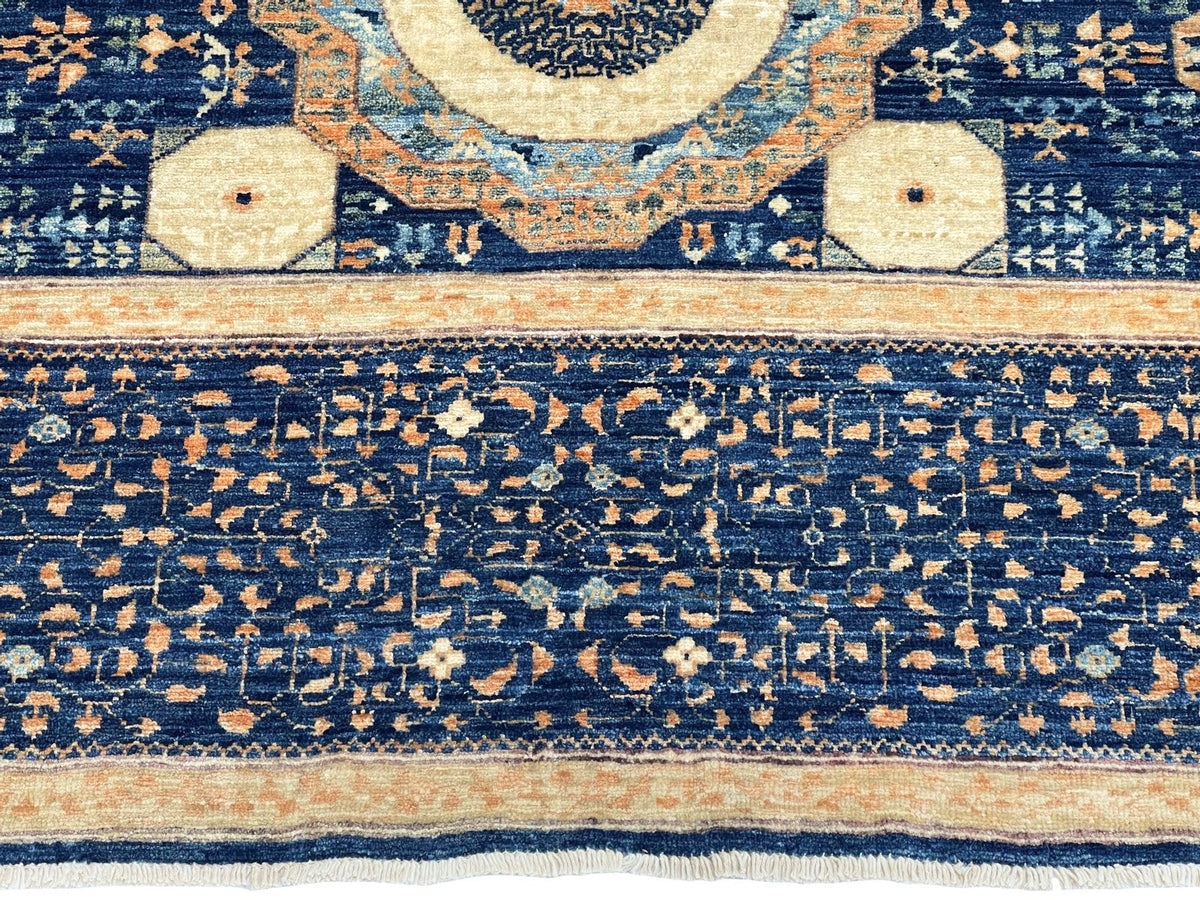 9x12 Navy and Beige Turkish Tribal Rug