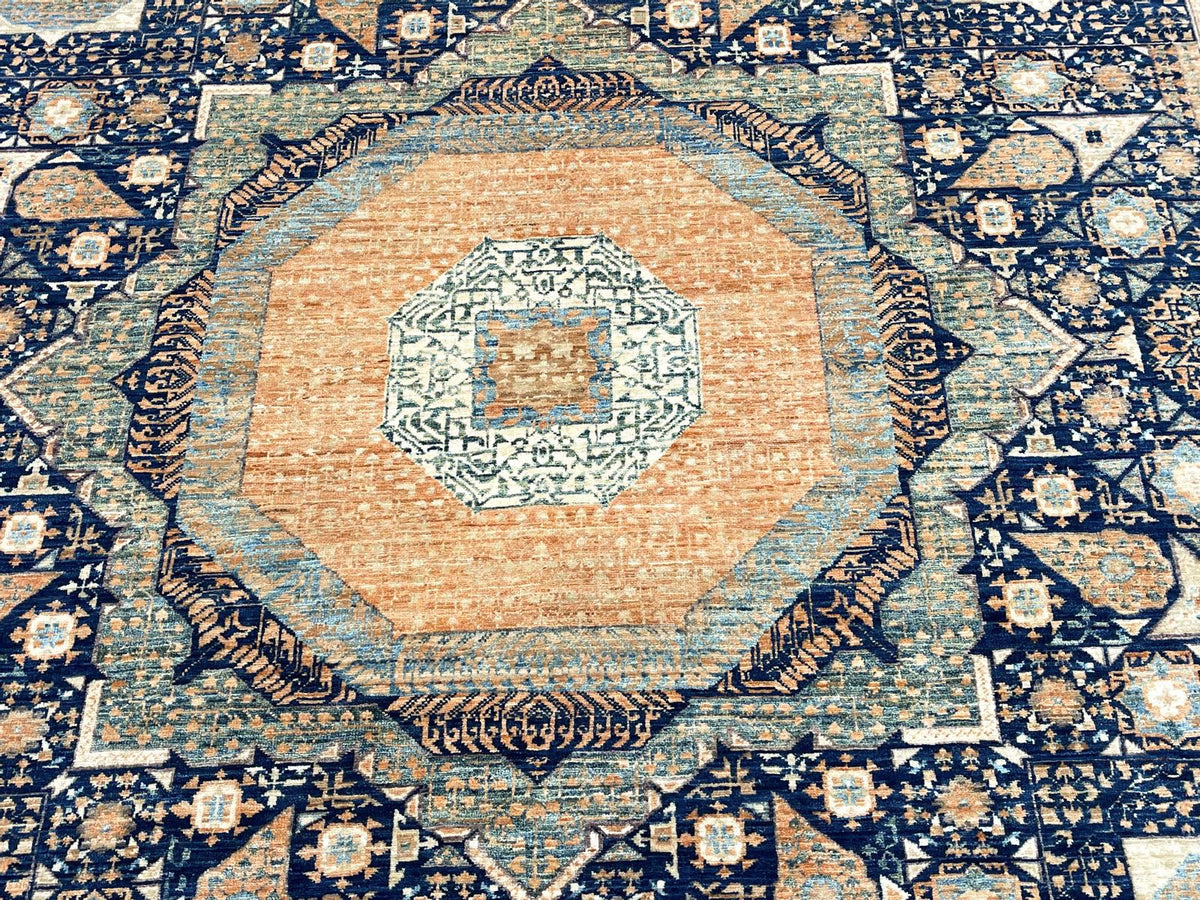 9x12 Navy and Beige Turkish Tribal Rug
