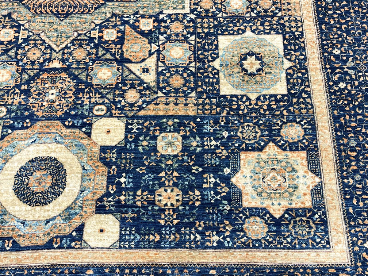 9x12 Navy and Beige Turkish Tribal Rug