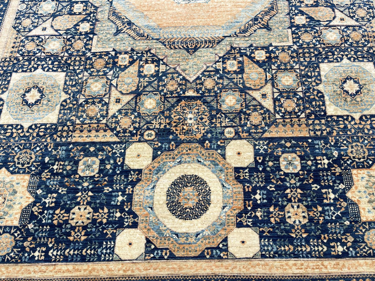 9x12 Navy and Beige Turkish Tribal Rug