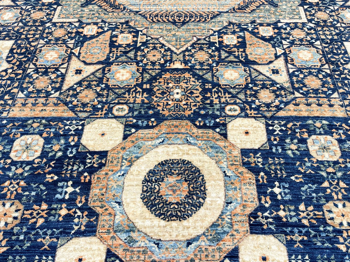9x12 Navy and Beige Turkish Tribal Rug