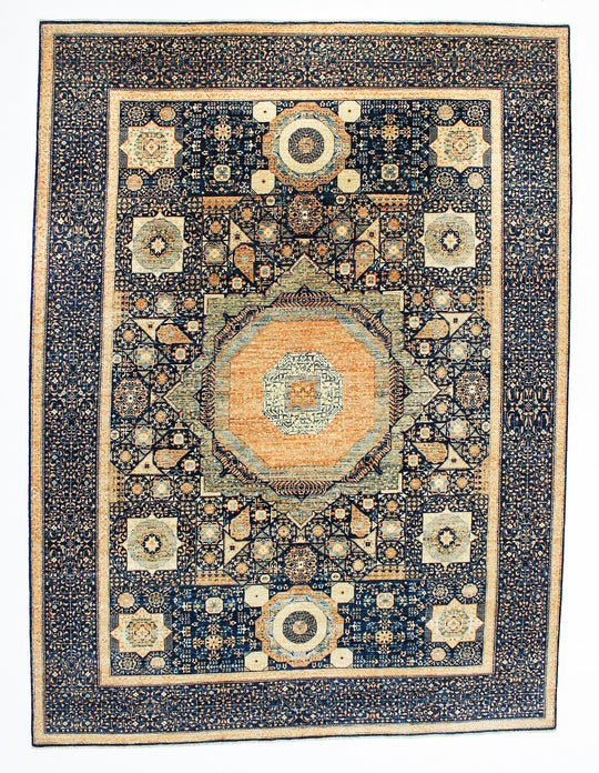 9x12 Navy and Beige Turkish Tribal Rug