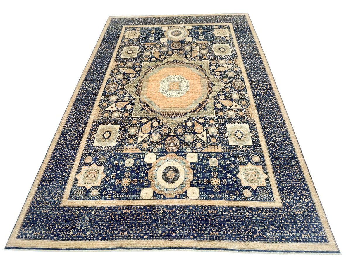 9x12 Navy and Beige Turkish Tribal Rug