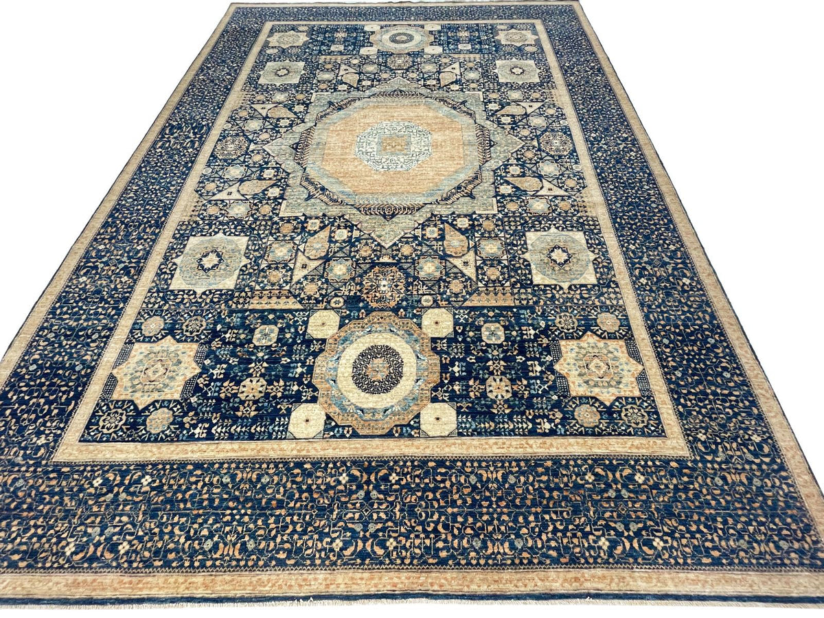 9x12 Navy and Beige Turkish Tribal Rug