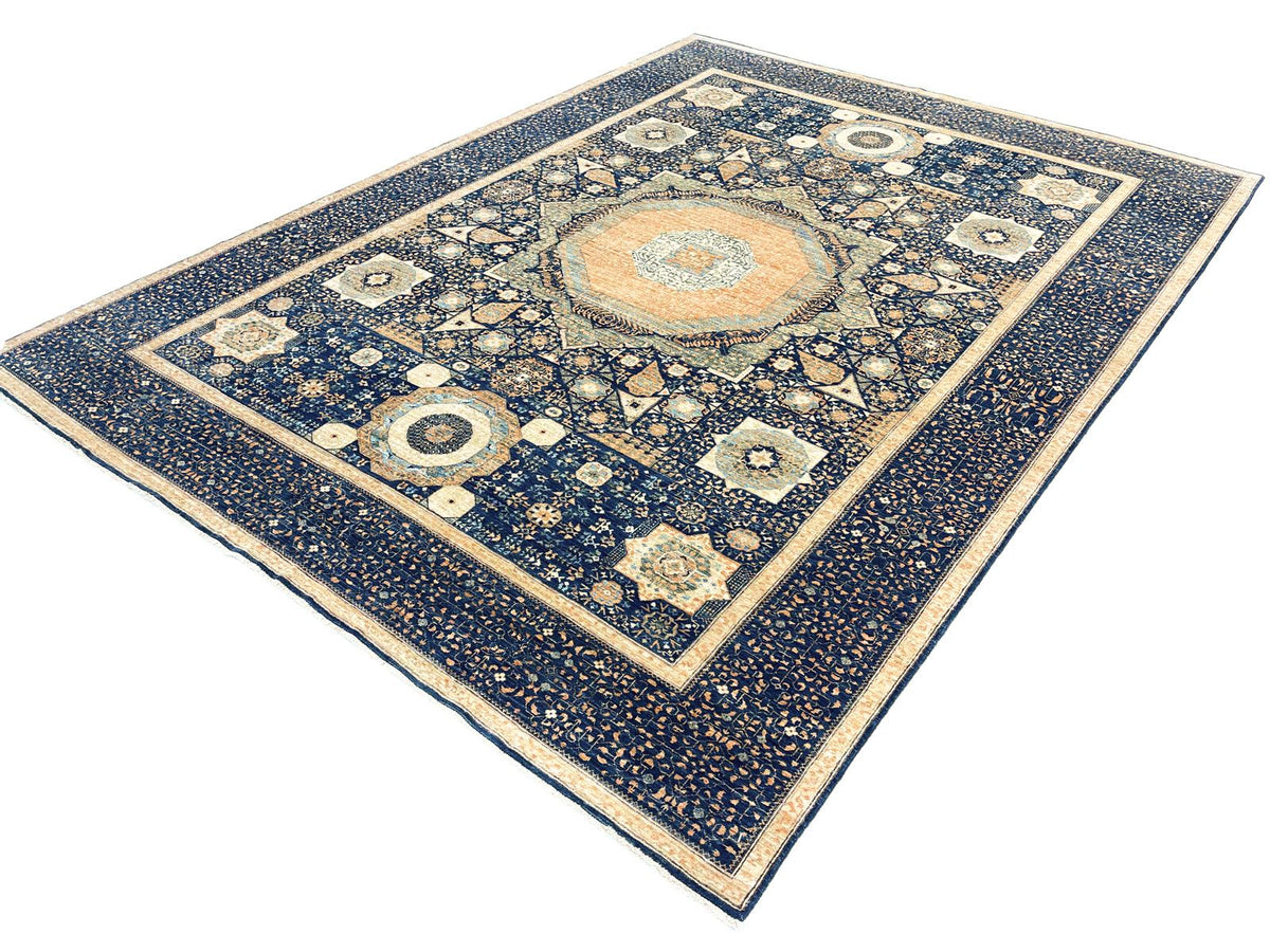 9x12 Navy and Beige Turkish Tribal Rug