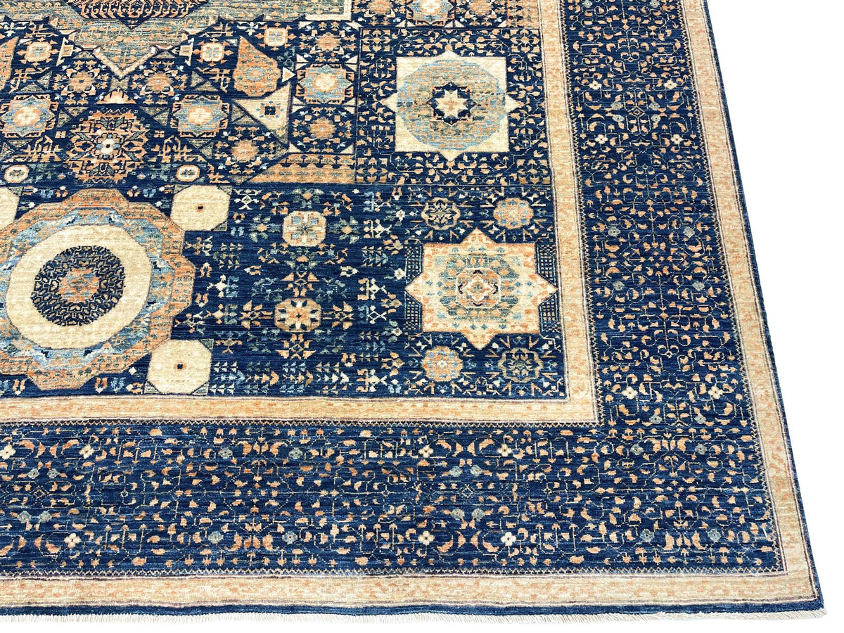 9x12 Navy and Beige Turkish Tribal Rug