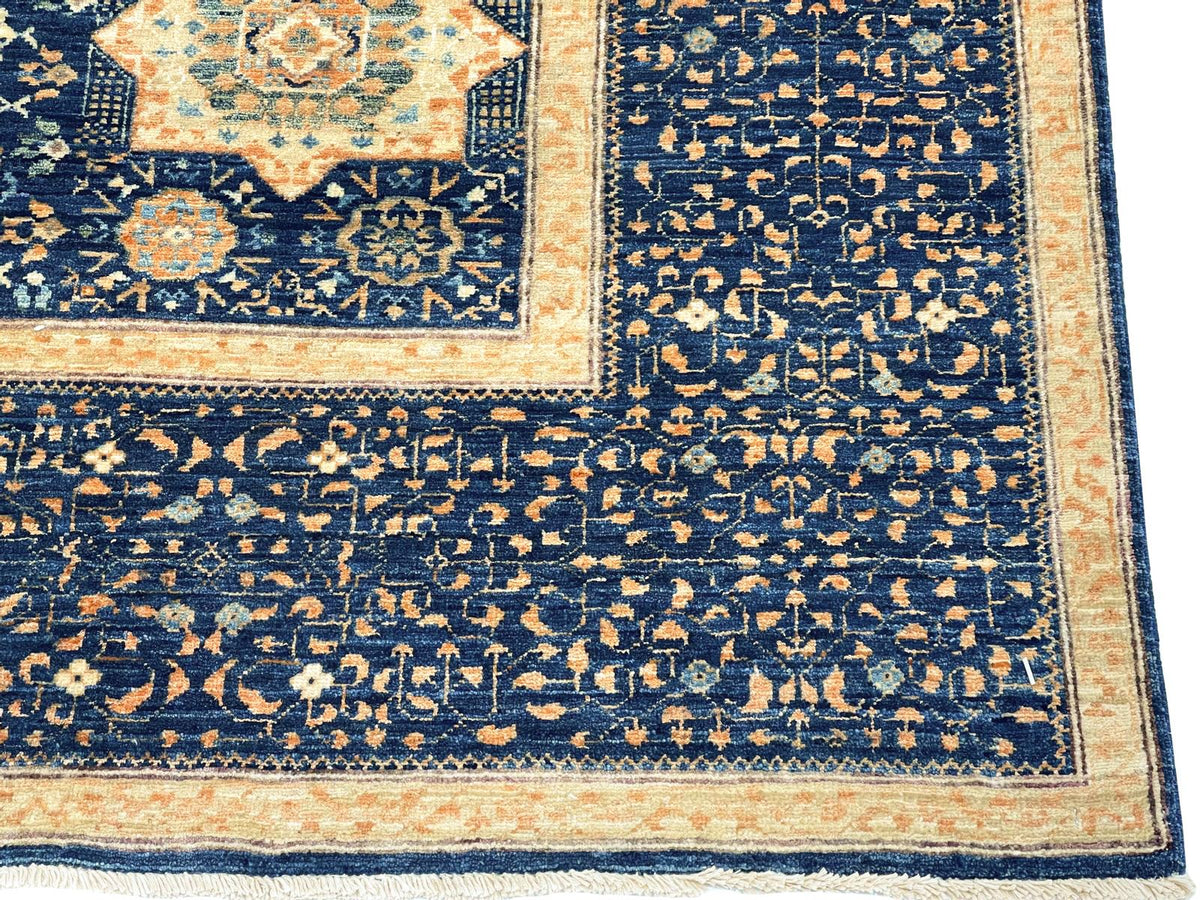 9x12 Navy and Beige Turkish Tribal Rug