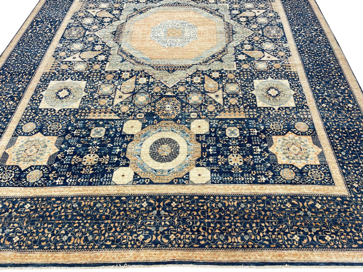 9x12 Navy and Beige Turkish Tribal Rug