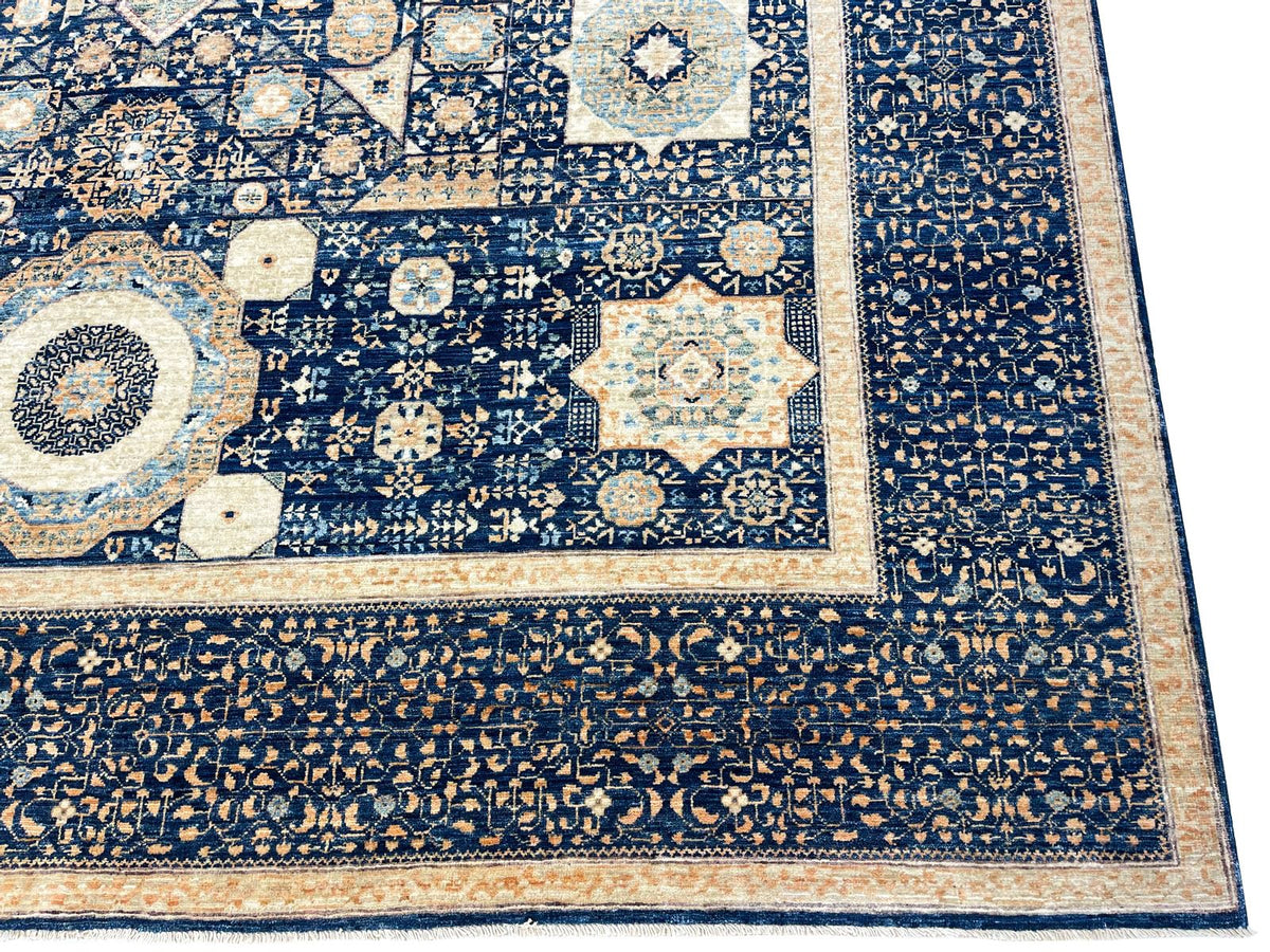 9x12 Navy and Beige Turkish Tribal Rug