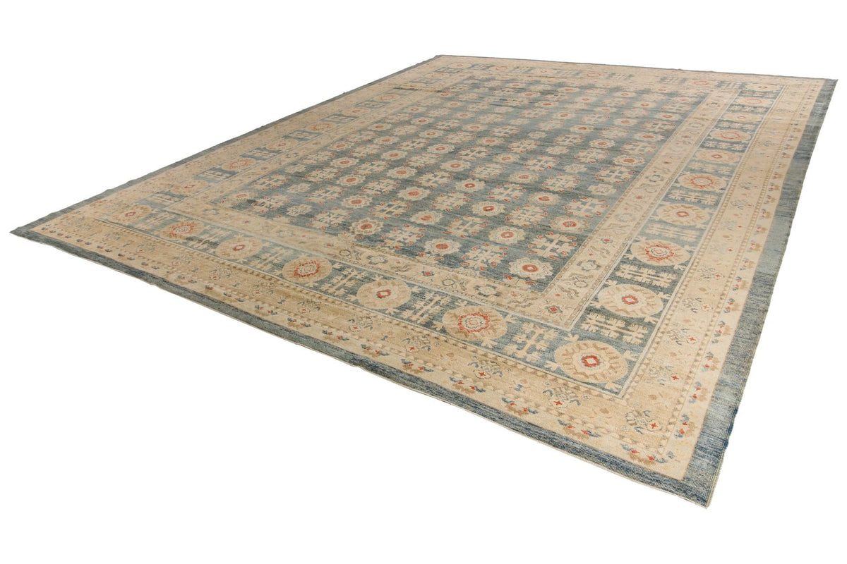 12x15 Blue and Ivory Turkish Oushak Rug