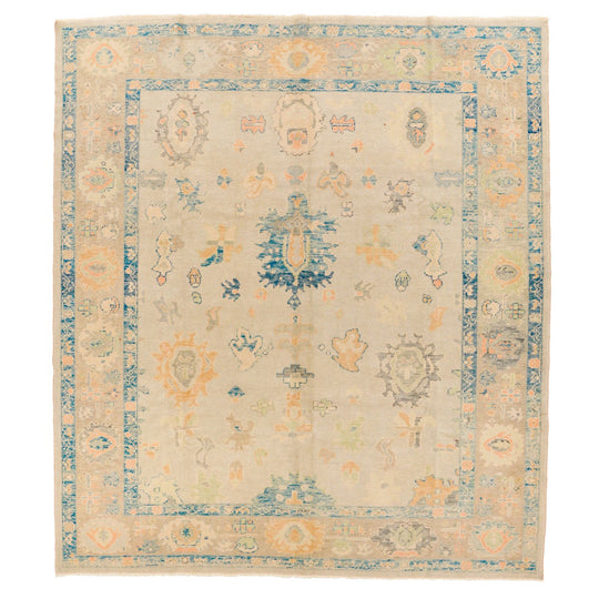 8x9 Blue and Ivory Turkish Oushak Rug