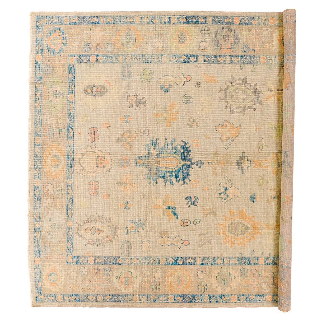 8x9 Blue and Ivory Turkish Oushak Rug