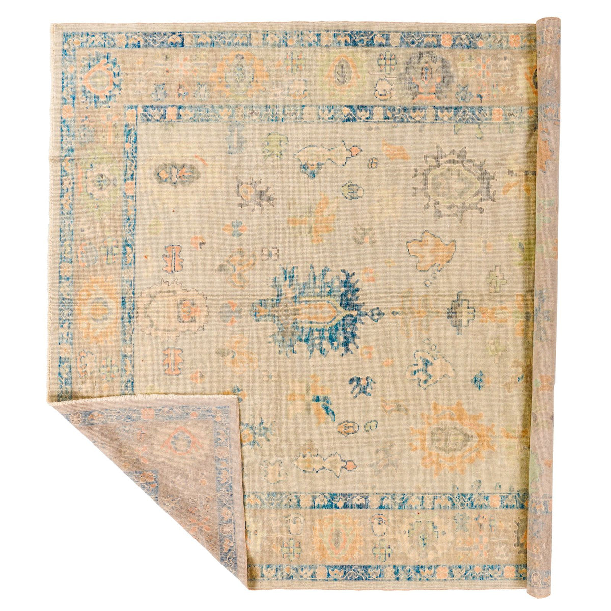 8x9 Blue and Ivory Turkish Oushak Rug