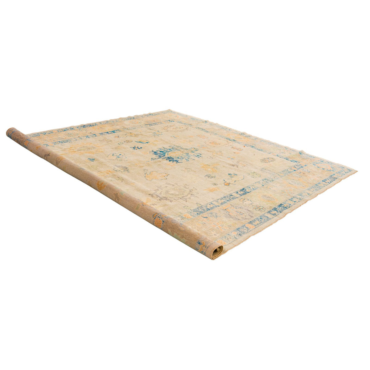 8x9 Blue and Ivory Turkish Oushak Rug