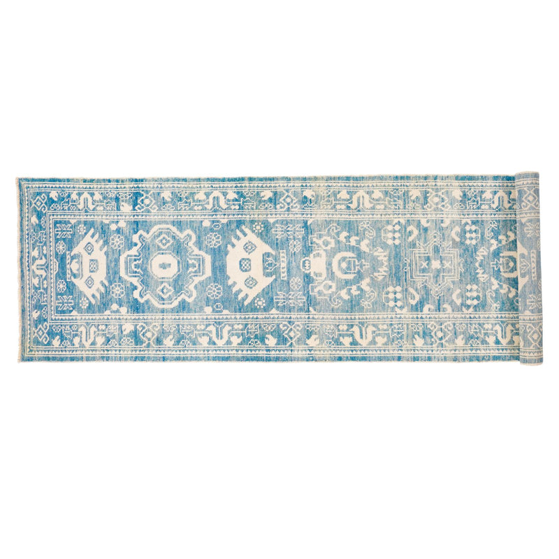 3x13 Blue and Ivory Turkish Oushak Runner