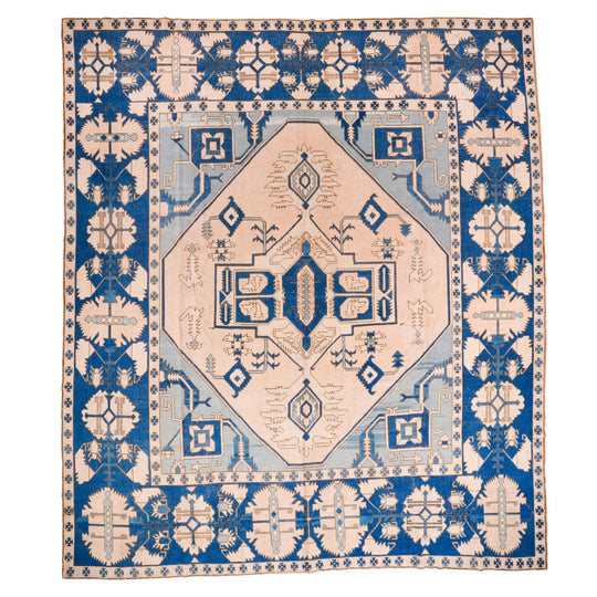 13x15 Blue and Ivory Turkish Tribal Rug