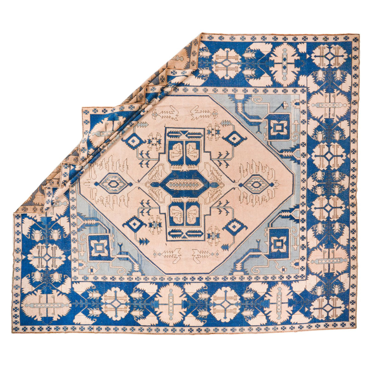 13x15 Blue and Ivory Turkish Tribal Rug