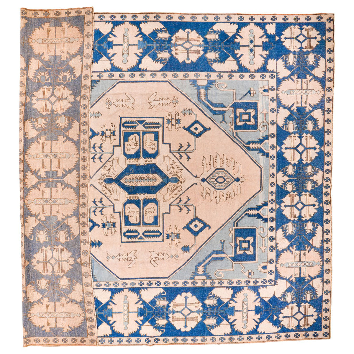 13x15 Blue and Ivory Turkish Tribal Rug