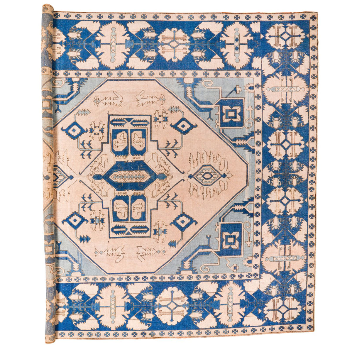 13x15 Blue and Ivory Turkish Tribal Rug