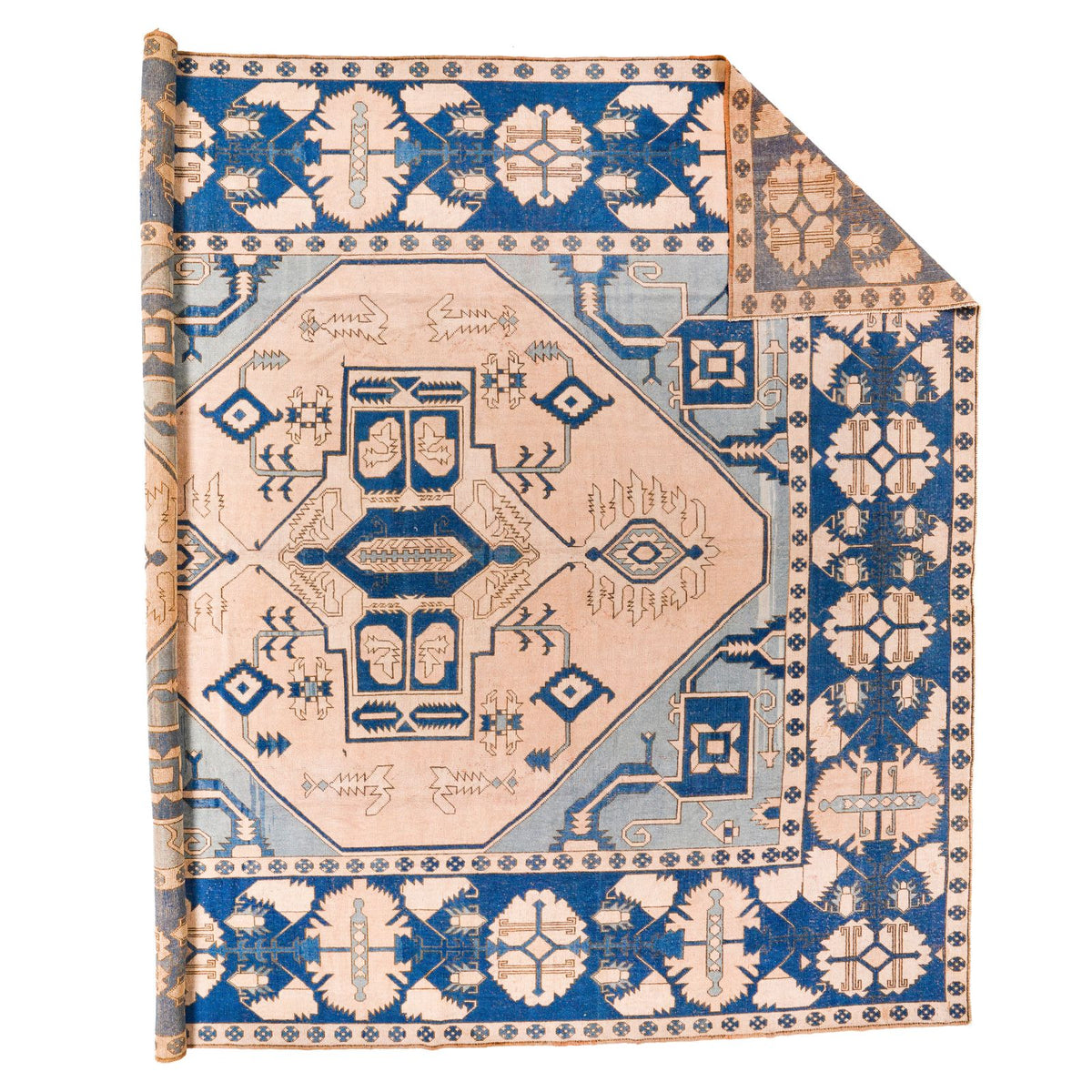 13x15 Blue and Ivory Turkish Tribal Rug