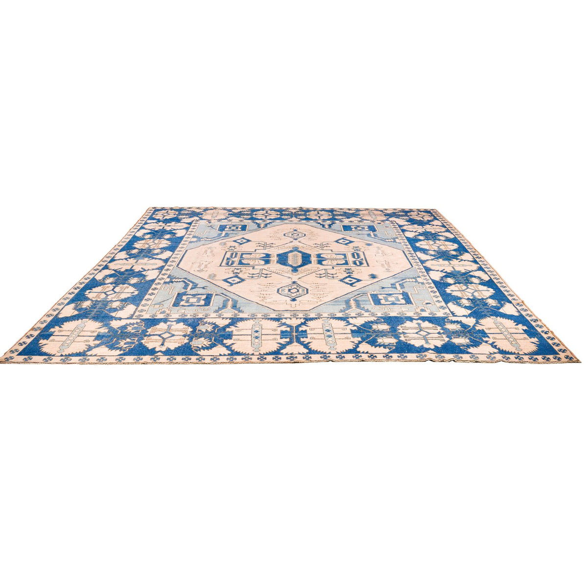 13x15 Blue and Ivory Turkish Tribal Rug