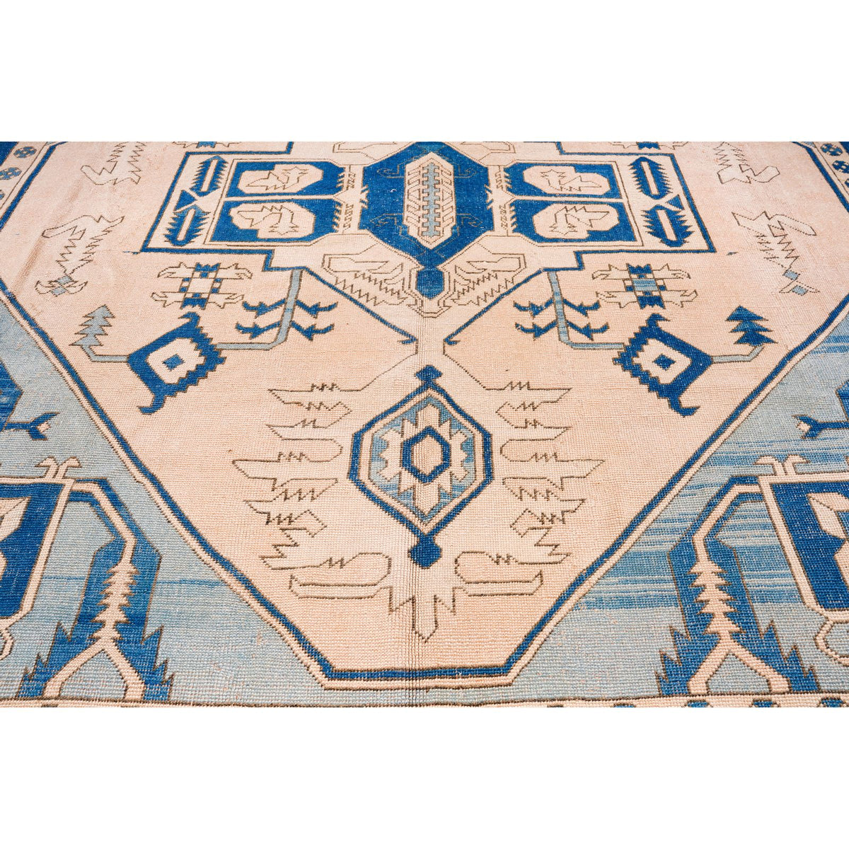 13x15 Blue and Ivory Turkish Tribal Rug