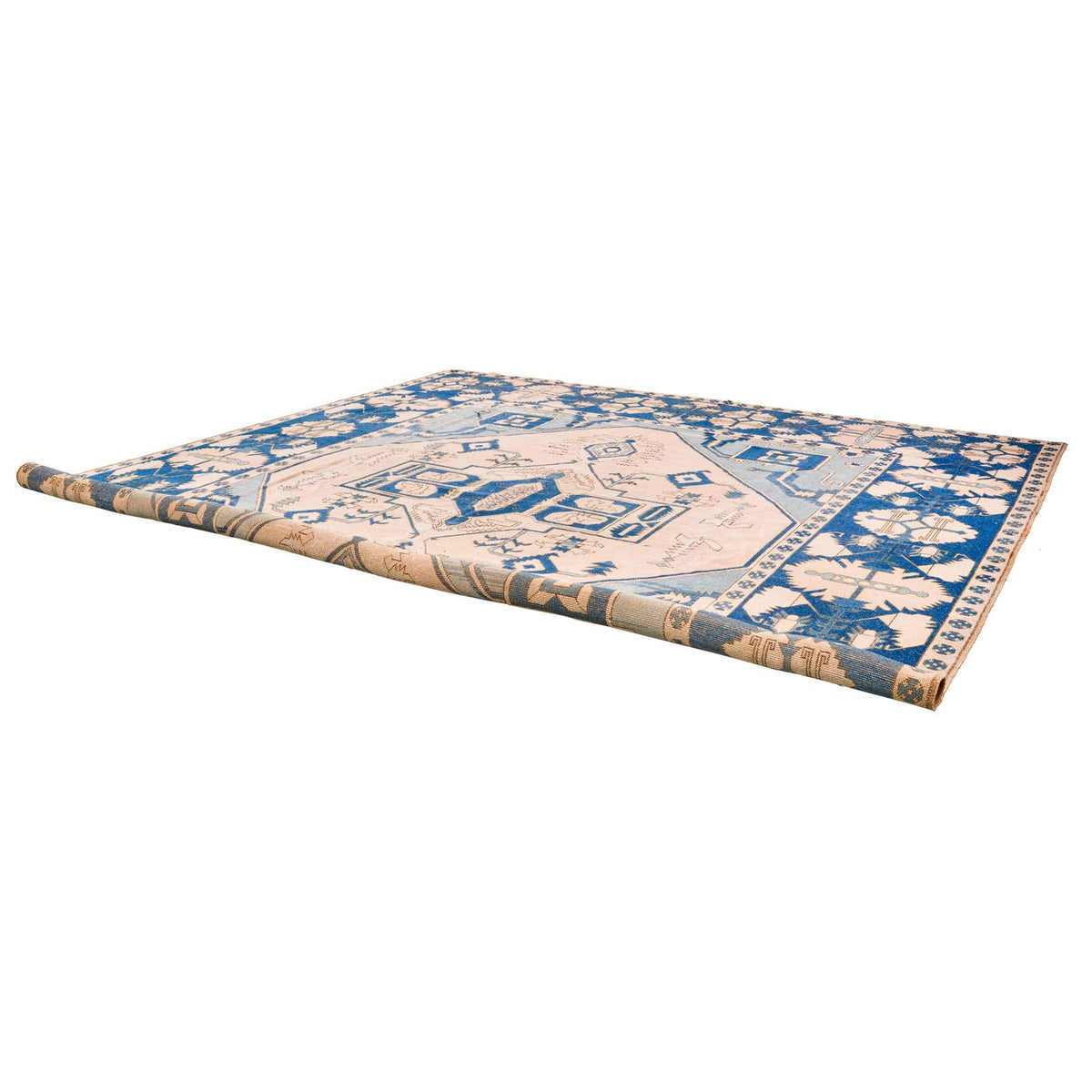 13x15 Blue and Ivory Turkish Tribal Rug