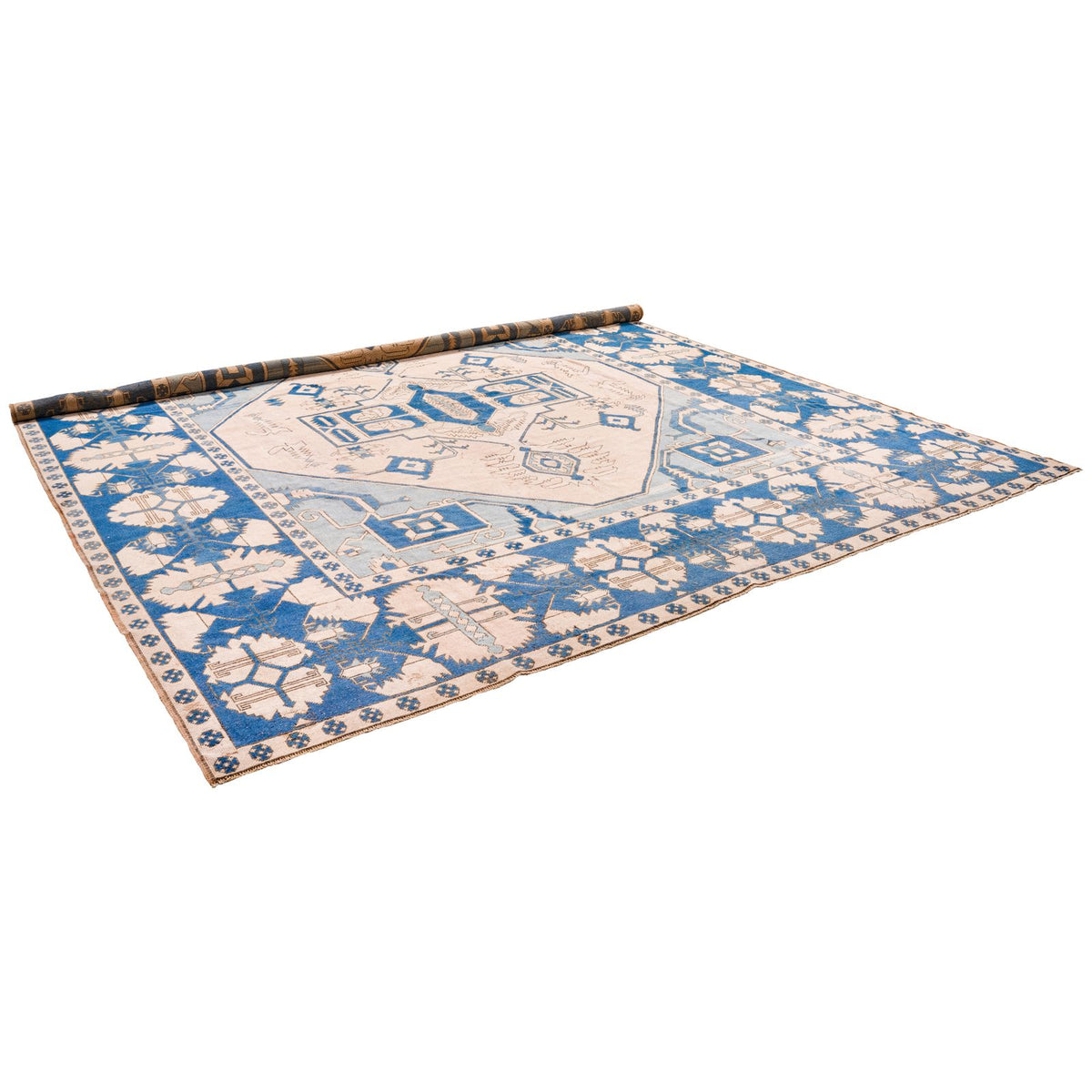 13x15 Blue and Ivory Turkish Tribal Rug