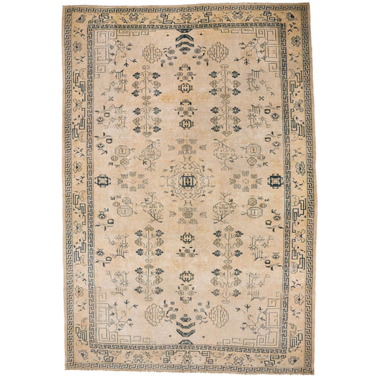 Vintage Handmade 6x10 Ivory and Navy Anatolian Turkish Traditional Distressed Area Rug