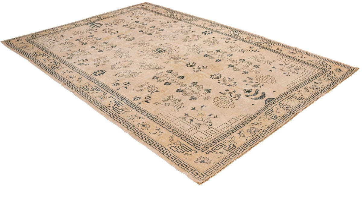 Vintage Handmade 6x10 Ivory and Navy Anatolian Turkish Traditional Distressed Area Rug