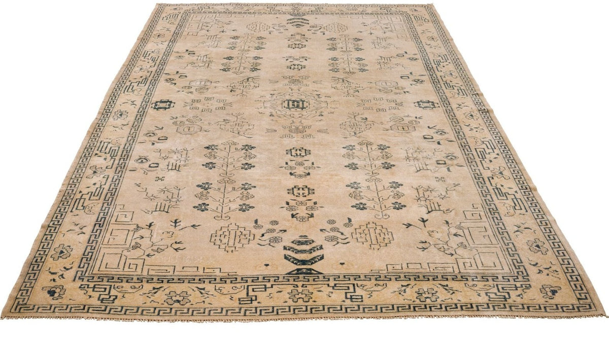Vintage Handmade 6x10 Ivory and Navy Anatolian Turkish Traditional Distressed Area Rug